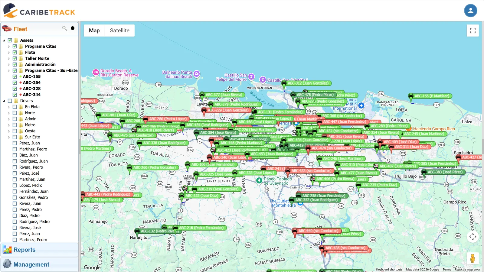 Live fleet map, San Juan metro area