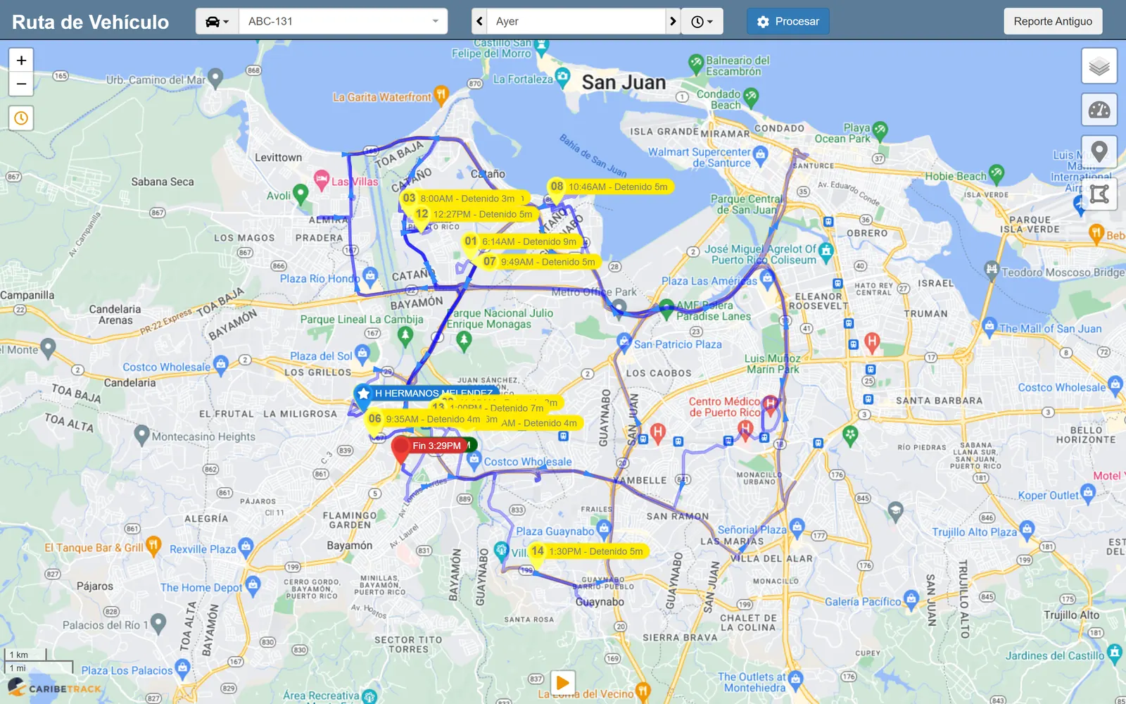 Ruta de un vehículo durante el día